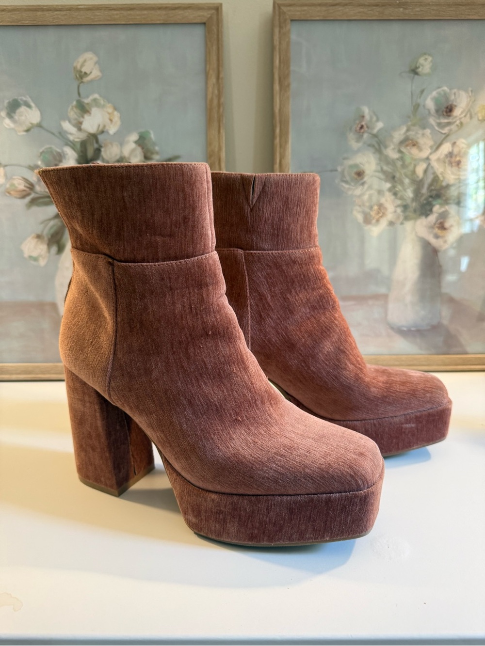 Chinese Laundry Velvet Platform Ankle Boots — Rose Brown